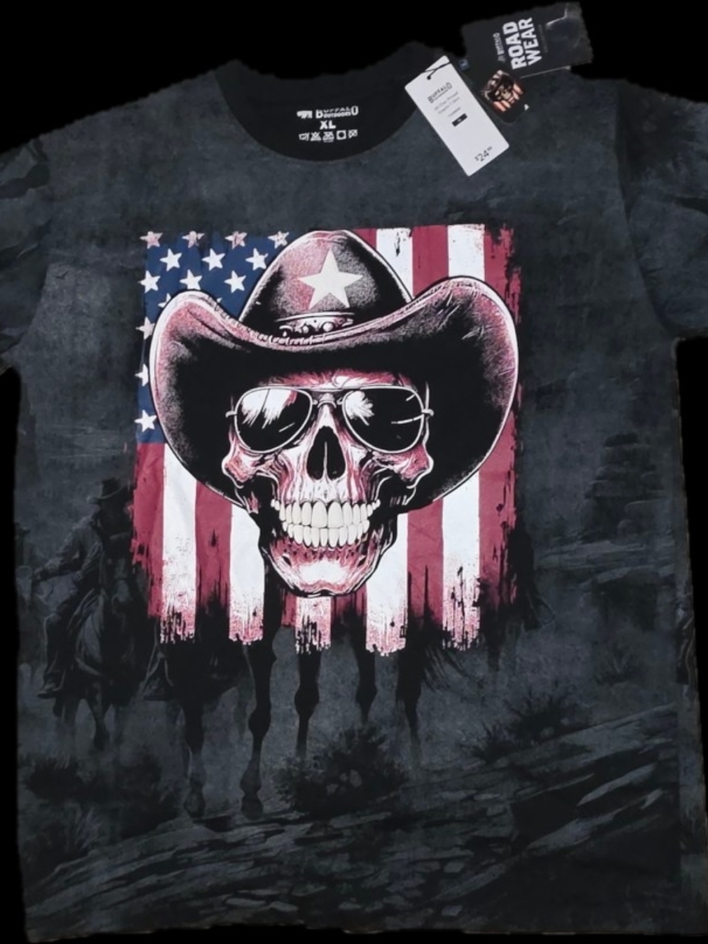 Road Wear Skull Cowboy Flag Graphic Tee - Black